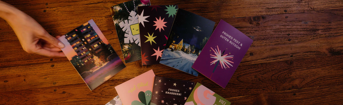 Kartensets: Desktop-Banner, alle Weihnachtsmotive auf Holz