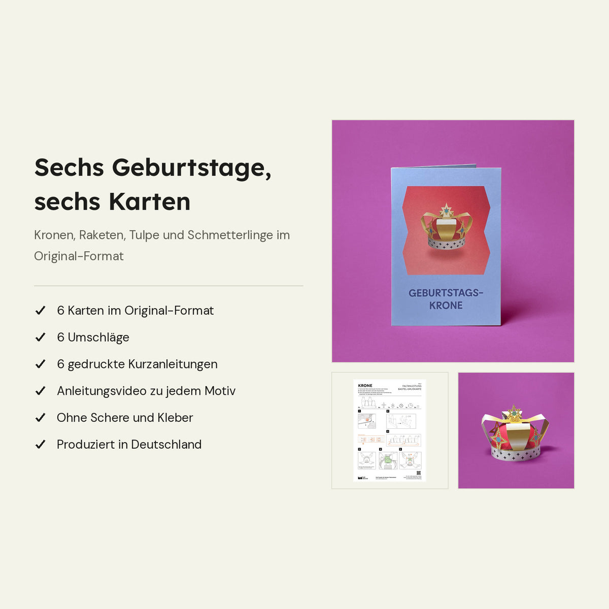 Das ist dabei: Karte Krone Gold, gedruckte Kurzanleitung und fertiges Papiermodell, daneben der Lieferumfang des Sets mit sechs Karten