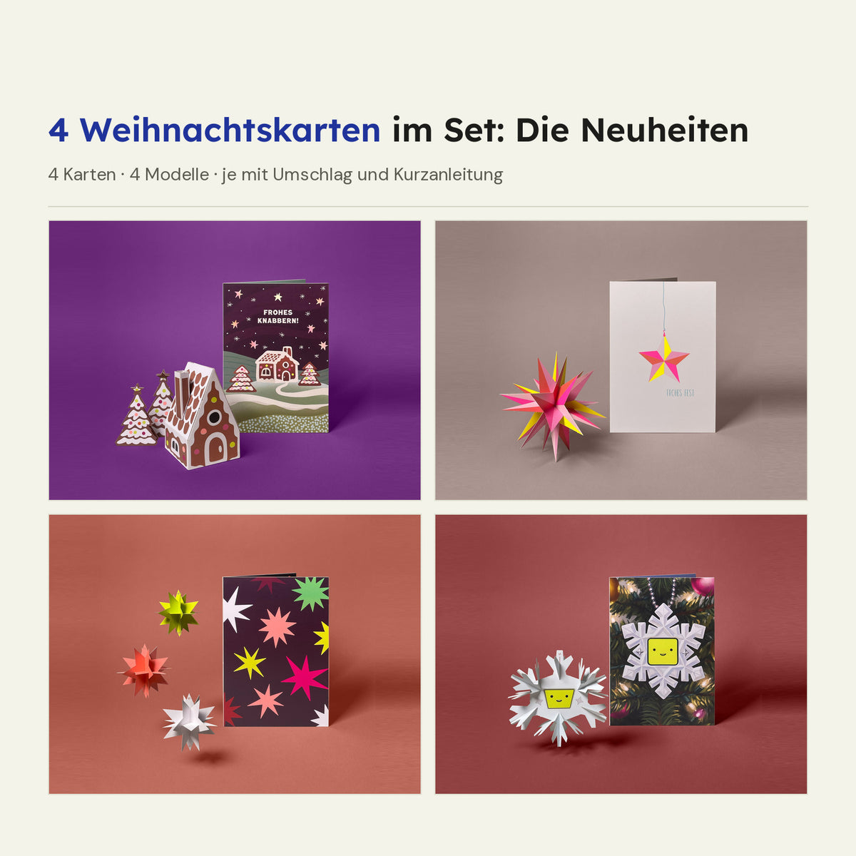 Set mit vier Weihnachtskarten: Lebkuchenhaus, HeyCards Winterstern, Drei Sterne und Flocki 3000, jede Karte neben ihrem gefalteten Papiermodell