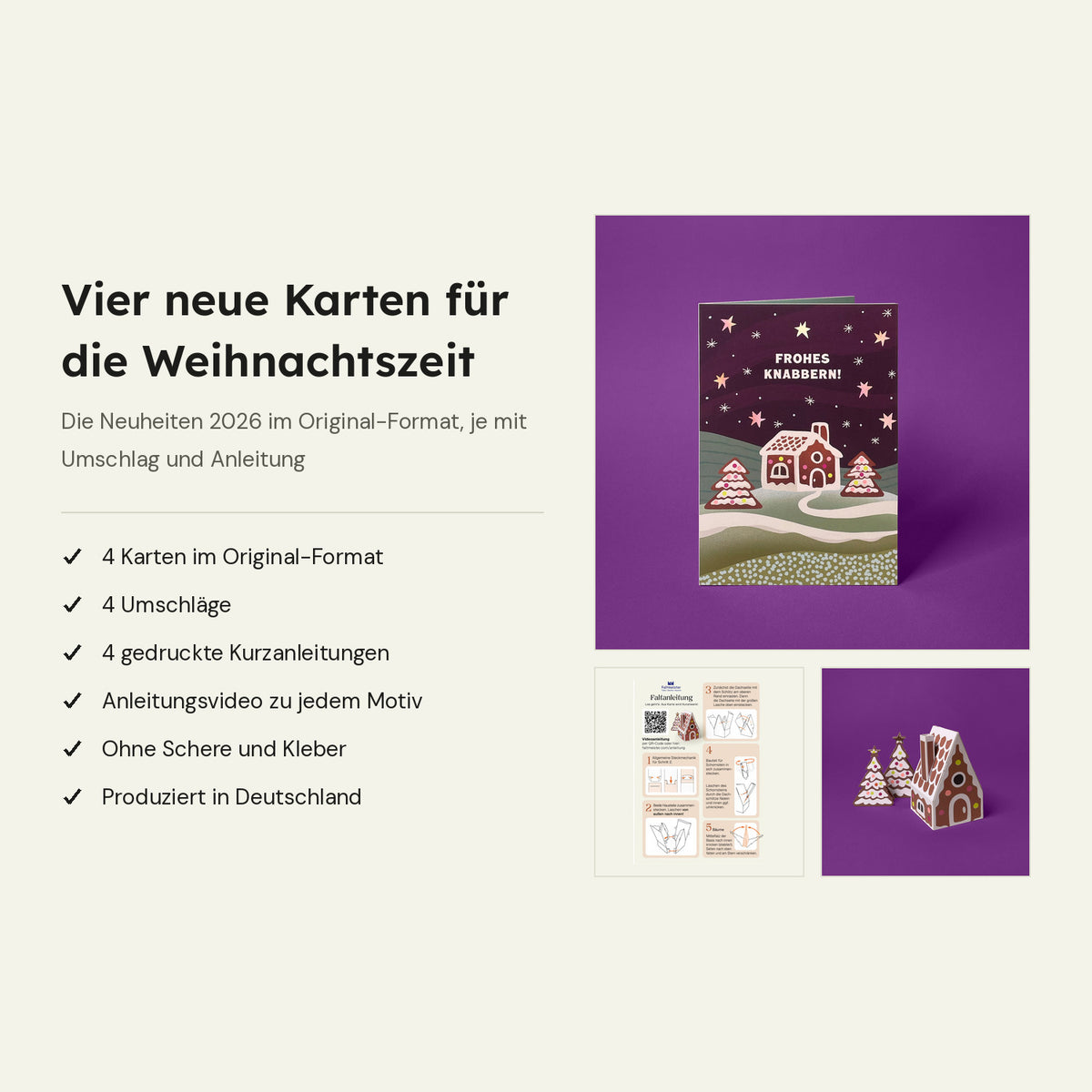 Das ist dabei: Karte Lebkuchenhaus, gedruckte Kurzanleitung und fertiges Papiermodell, daneben der Lieferumfang des Sets mit vier Karten