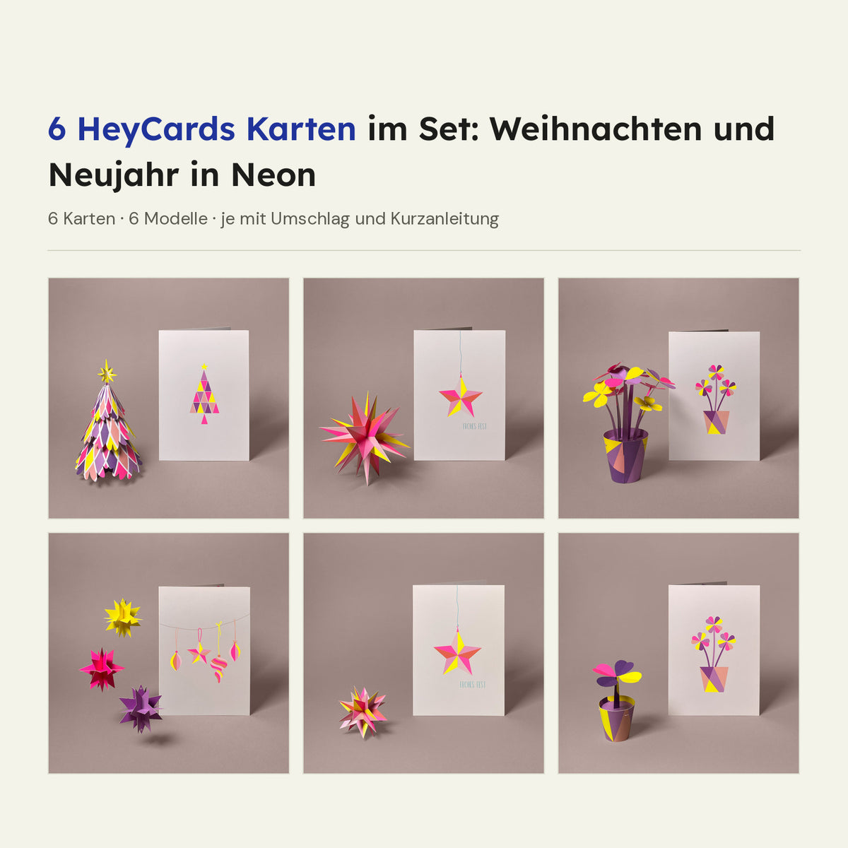 Set mit sechs HeyCards-Karten für Weihnachten und Neujahr in Neonfarben: Weihnachtsbaum, Winterstern, Glücksklee, Drei Sterne und zwei Minis, jede Karte neben ihrem Papiermodell