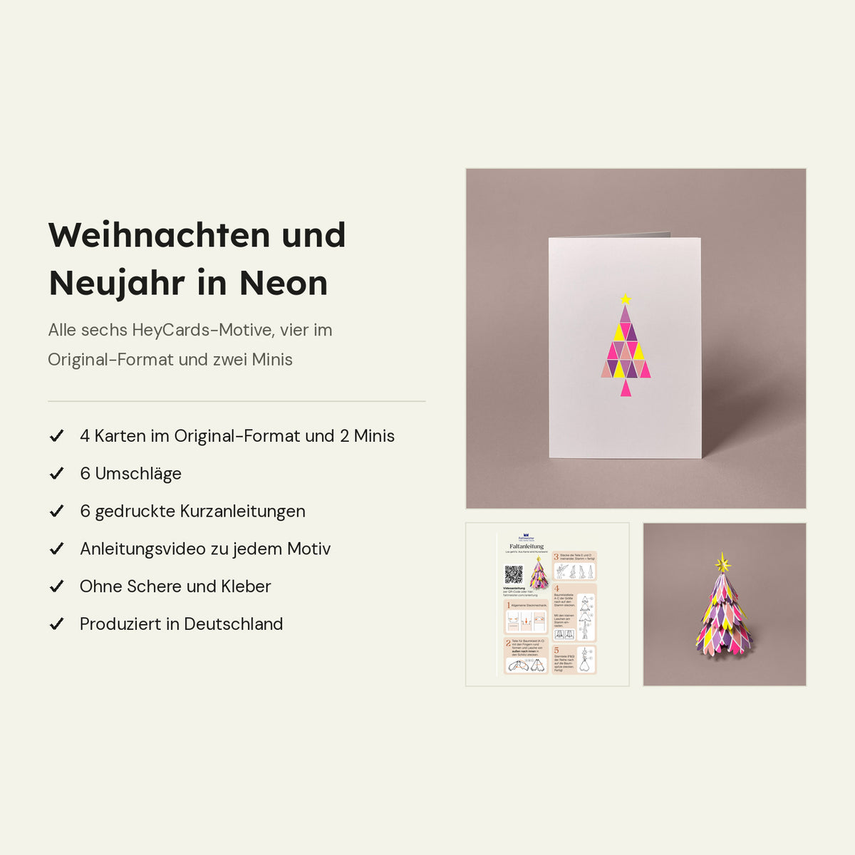 Das ist dabei: Karte HeyCards Weihnachtsbaum, gedruckte Kurzanleitung und fertiges Papiermodell, daneben der Lieferumfang des Sets mit sechs Karten