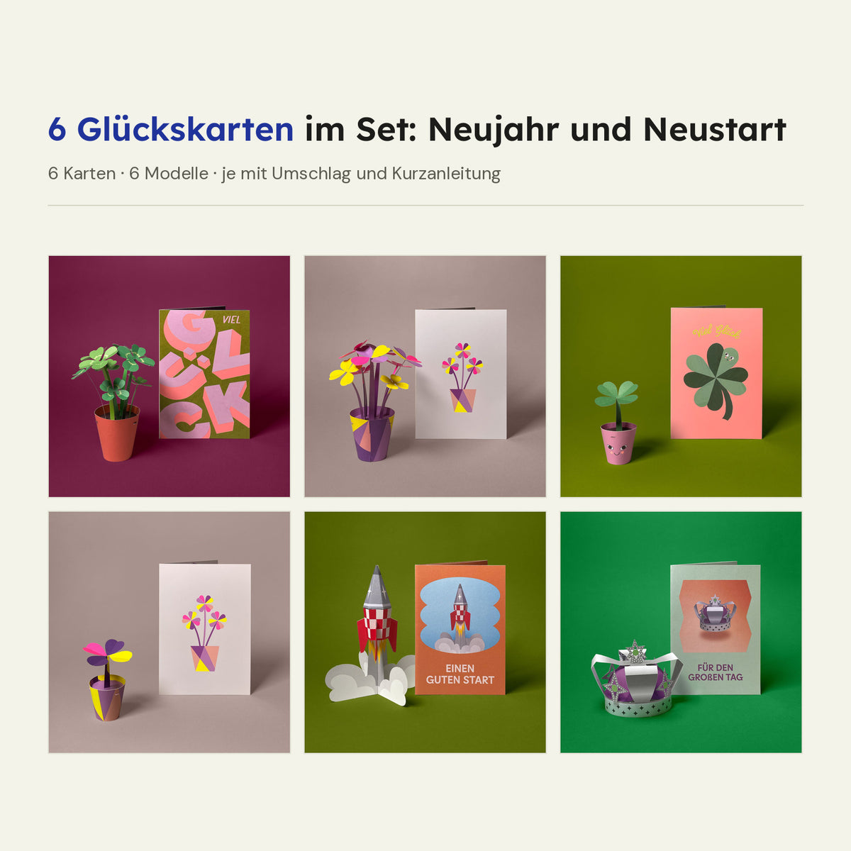 Set mit sechs Glückskarten von Faltmeister: Glücksklee, HeyCards Glücksklee, zwei Mini Glücksklee, Rakete Retro und Krone Silber, jede Karte neben ihrem Papiermodell
