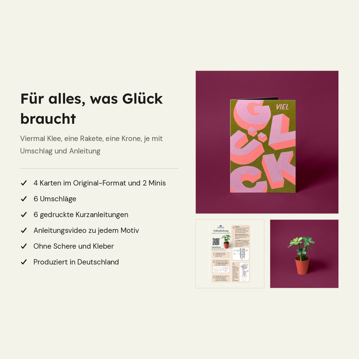 Das ist dabei: Karte Glücksklee, gedruckte Kurzanleitung und fertiges Papiermodell, daneben der Lieferumfang des Sets mit sechs Karten