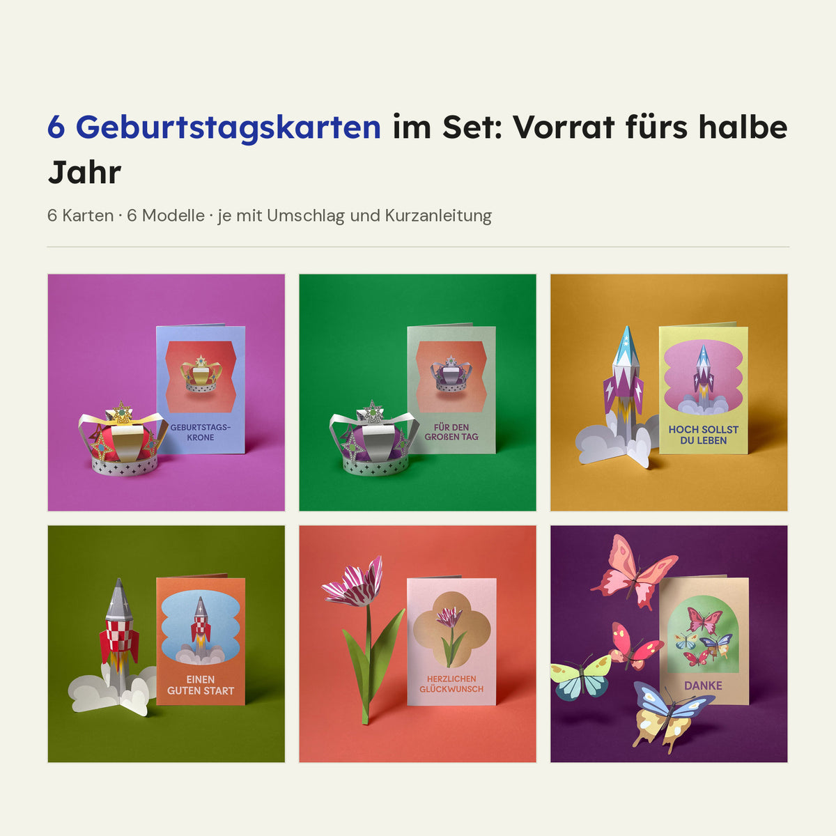Set mit sechs Geburtstagskarten von Faltmeister: Krone Gold, Krone Silber, Rakete Sterne, Rakete Retro, Tulpe Gestreift und Schmetterlinge Bunt, jede Karte neben ihrem Papiermodell