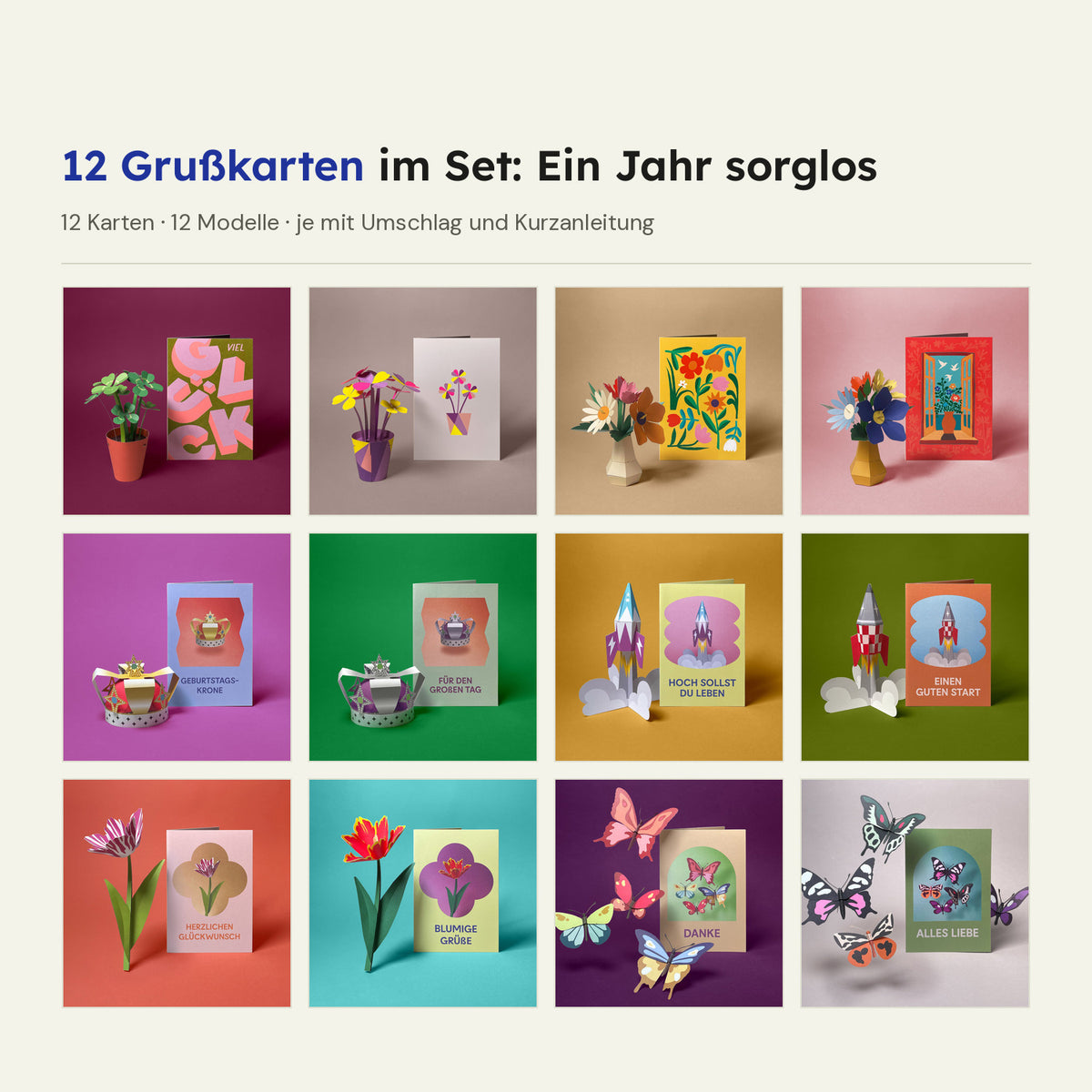 Set mit zwölf Grußkarten von Faltmeister für ein ganzes Jahr: Glücksklee, Blumensträuße, Kronen, Raketen, Tulpen und Schmetterlinge, jede Karte neben ihrem Papiermodell