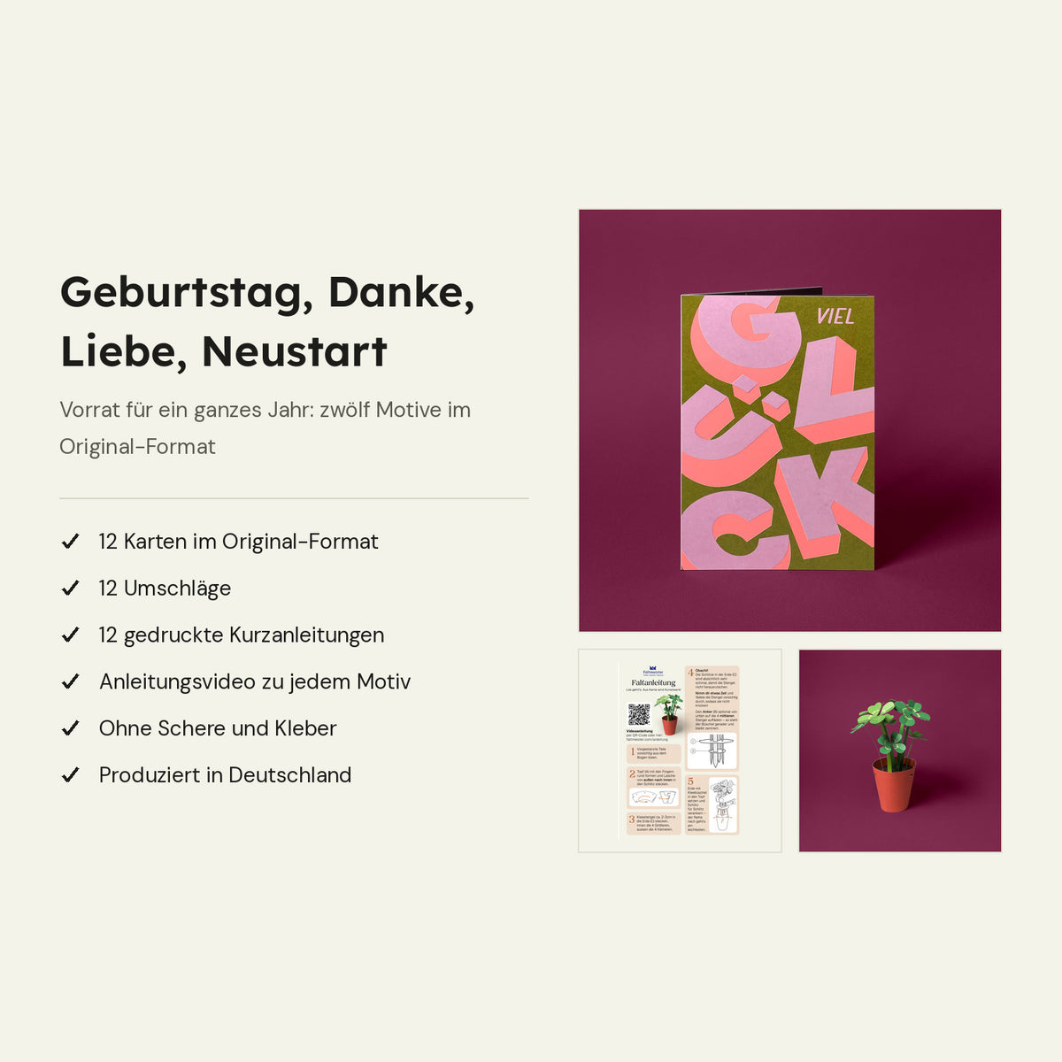 Das ist dabei: Karte Glücksklee, gedruckte Kurzanleitung und fertiges Papiermodell, daneben der Lieferumfang des Sets mit zwölf Karten