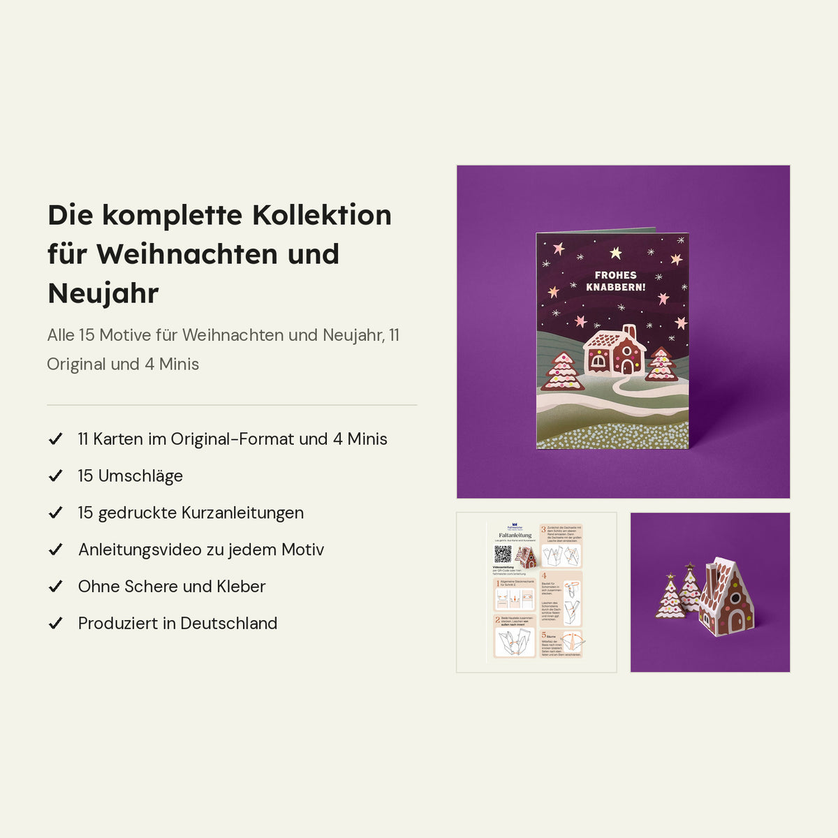 Das ist dabei: Karte Lebkuchenhaus, gedruckte Kurzanleitung und fertiges Papiermodell, daneben der Lieferumfang des Sets mit 15 Karten
