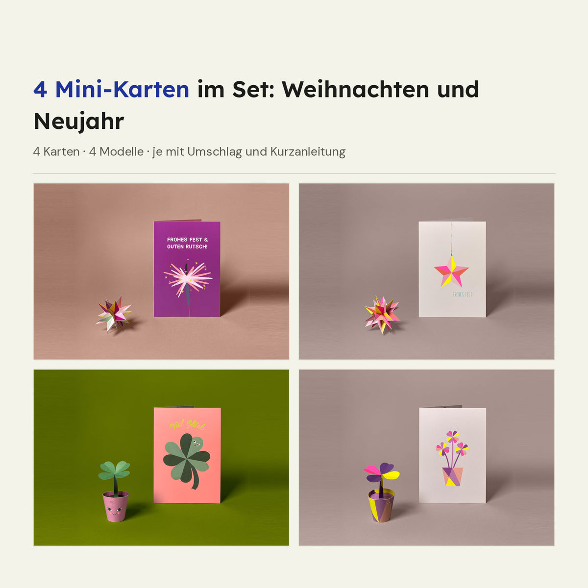 Set mit vier Mini-Karten für Weihnachten und Neujahr: Mini Stern, HeyCards Mini Stern, Mini Glücksklee und HeyCards Mini Glücksklee, jede Karte neben ihrem kleinen Papiermodell