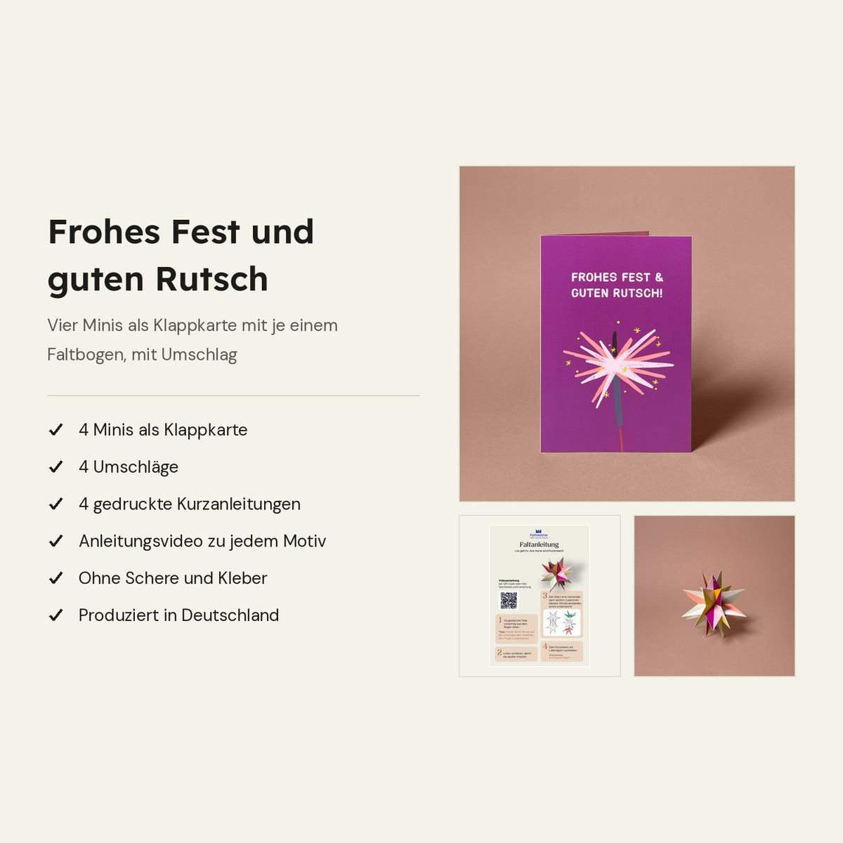 Das ist dabei: Karte Mini Stern, gedruckte Kurzanleitung und fertiges Papiermodell, daneben der Lieferumfang des Sets mit vier Minis