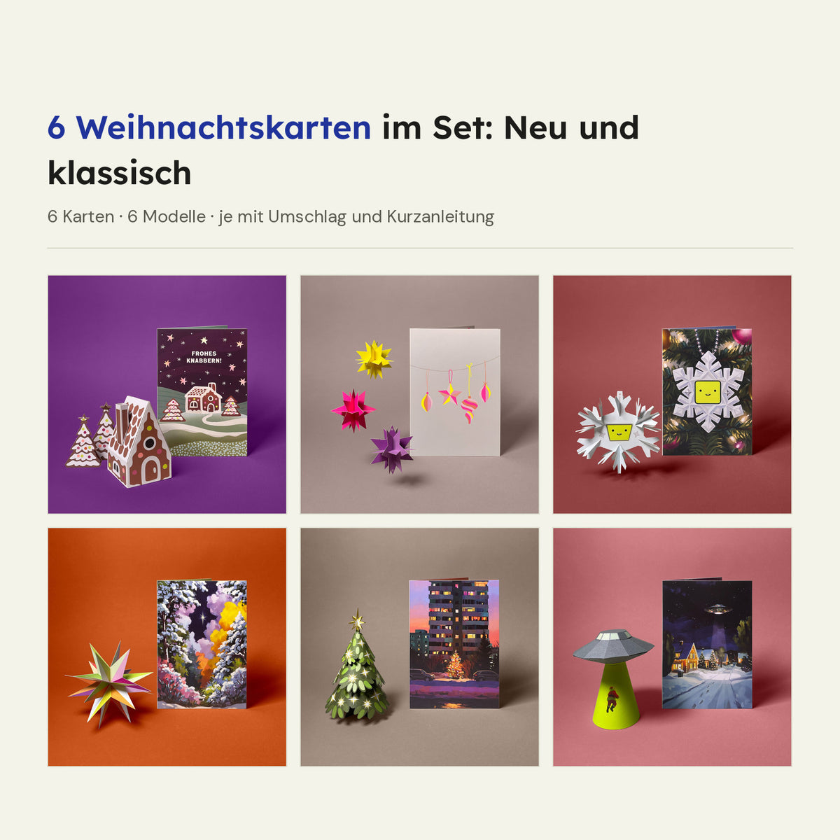 Set mit sechs Weihnachtskarten: Lebkuchenhaus, HeyCards Drei Sterne, Flocki 3000, Weihnachtsstern, Weihnachtsbaum und UFO Santa Goes Missing, jede Karte neben ihrem Papiermodell