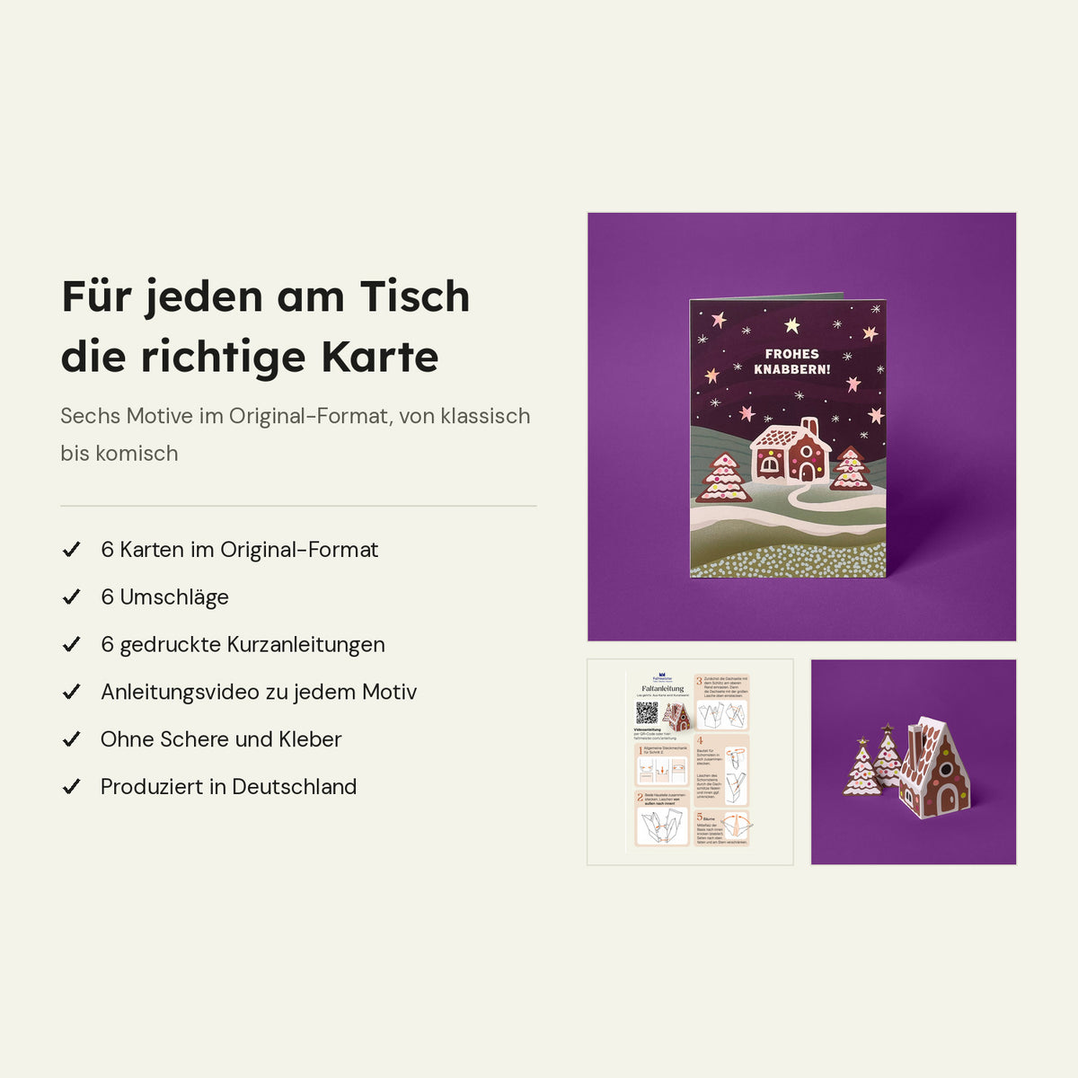 Das ist dabei: Karte Lebkuchenhaus, gedruckte Kurzanleitung und fertiges Papiermodell, daneben der Lieferumfang des Sets mit sechs Karten
